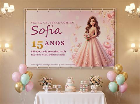 Painel de 15 anos (modelo com personagem ilustrada por IA)