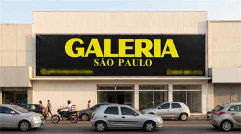 Lona em fachada de galeria comercial de rua movimentada
